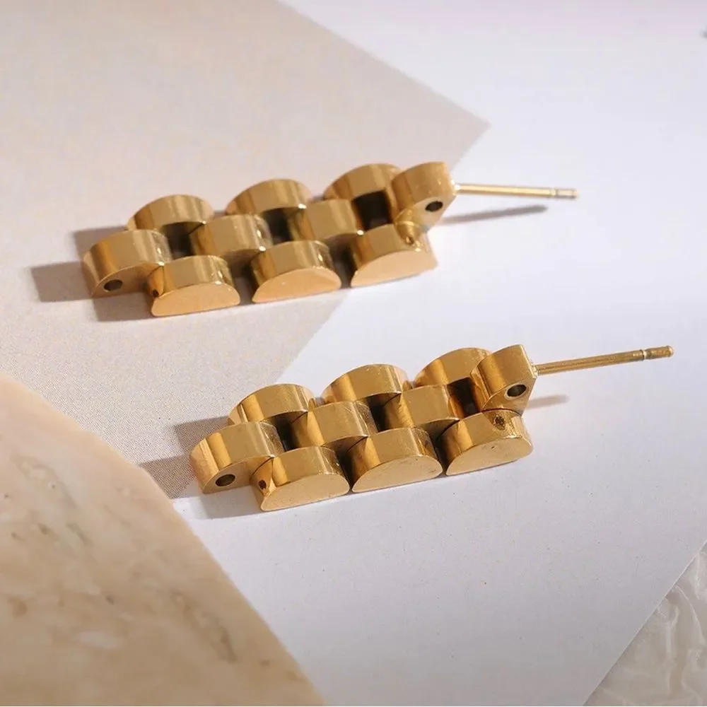 18K GOLD PLATED VINTAGE INSPIRED WATCH CHAIN OMEGA EARRINGS CLASSIC MINIMALIST